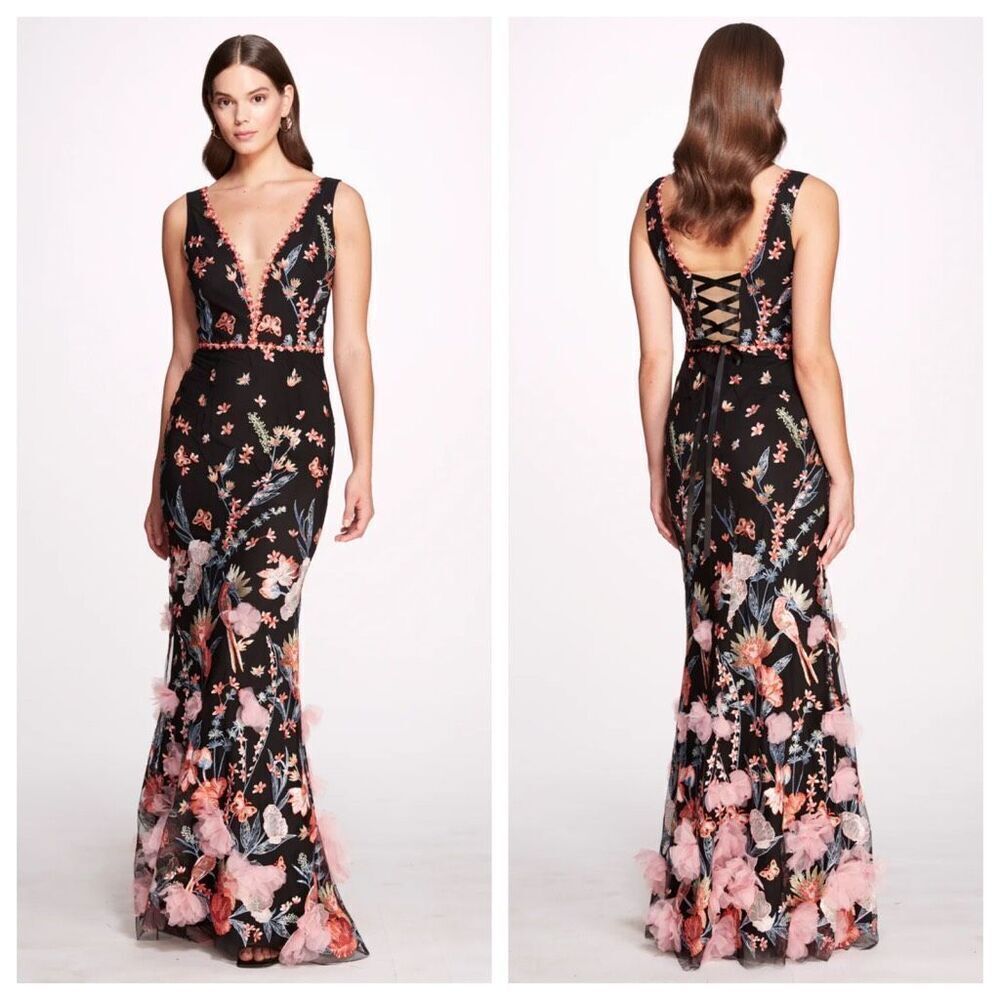 Marchesa Notte Butterfly Murmuring Apliqué Gown Deep V-Neck Embroidered Tulle Go